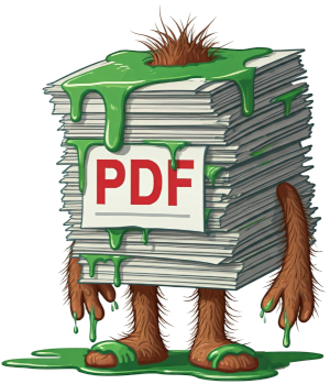 The PDF monster: a massive person-sized PDF document, disheveled, furry muppet-like appendages, no head (but a tuft of brown fur poking out of the top of the document stack), covered in green slime.